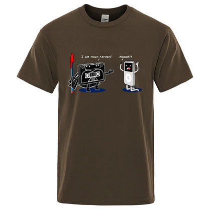 Brown cotton crewneck t-shirt with funny music player cartoon graphic, perfect hip hop tee and male tops summer wear