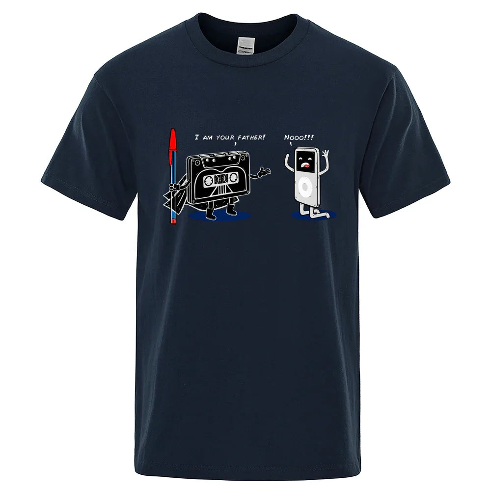 Navy blue cotton funny music player t-shirt featuring cartoon cassette darth vader and ipod for male tops summer hip hop tee