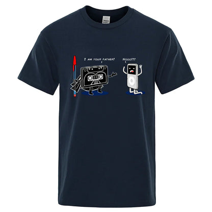 Navy blue cotton funny music player t-shirt featuring cartoon cassette darth vader and ipod for male tops summer hip hop tee