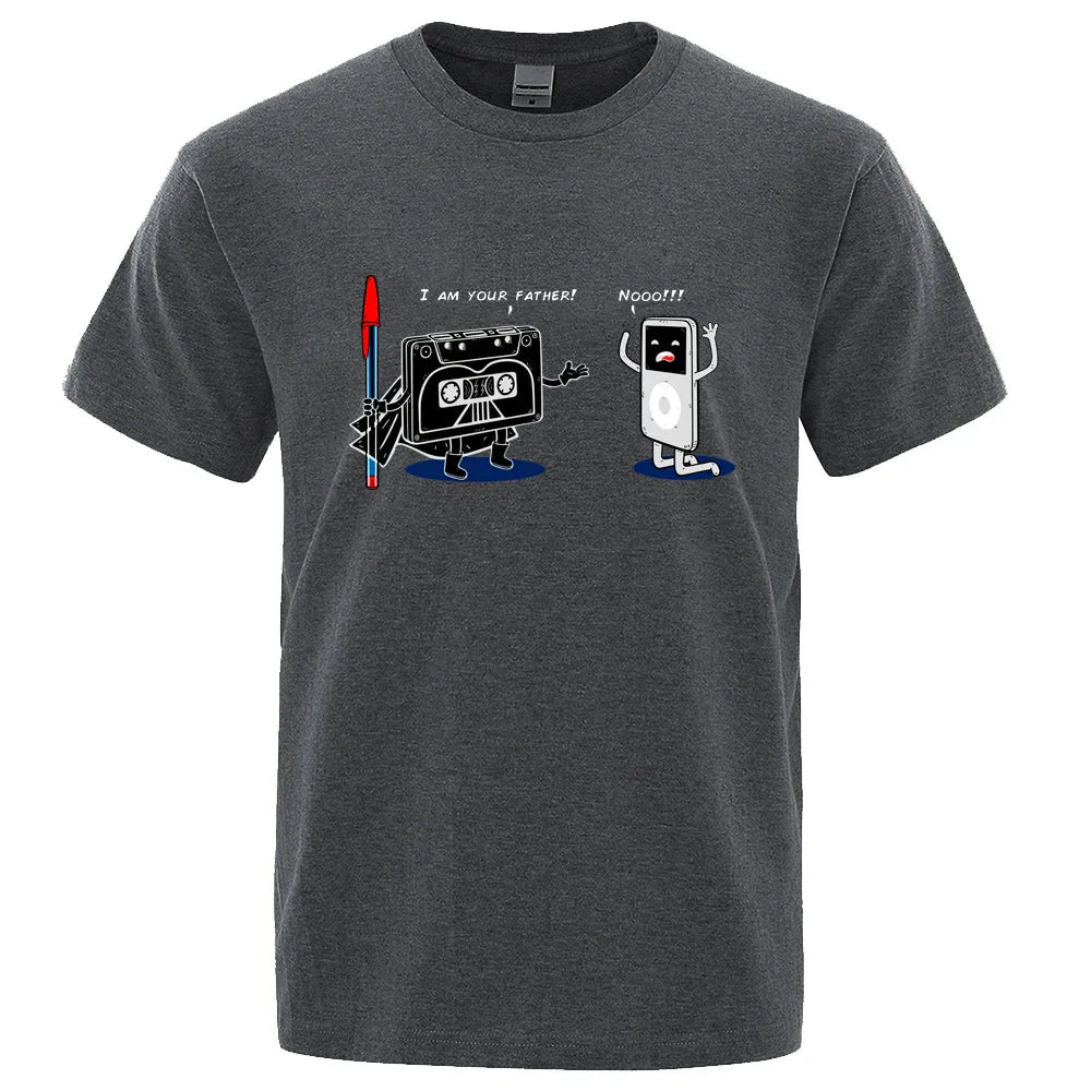 Dark heather gray cotton short-sleeved t-shirt with funny music player cartoon graphic hip hop tee male tops summer wear