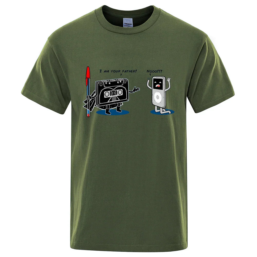 Olive green cotton short-sleeved funny music player t-shirt with cassette tape and ipod graphic hip hop tee male tops summer