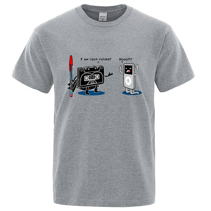Gray heathered cotton crewneck t-shirt with funny music player graphic for male tops summer hip hop tee style