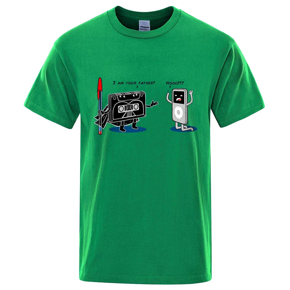 Green cotton funny music player hip hop tee male tops summer loose t-shirt with cassette tape cartoon graphic
