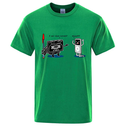 Green cotton funny music player hip hop tee male tops summer loose t-shirt with cassette tape cartoon graphic