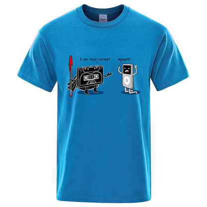 Bright blue cotton funny music player t-shirt with cartoon cassette and ipod graphic for male tops summer hip hop tee