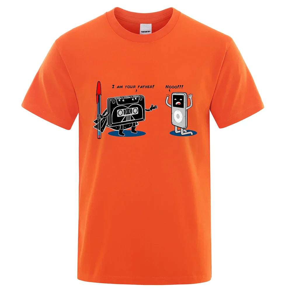 Bright orange cotton hip hop tee male tops summer with funny music player graphic of cassette and ipod characters