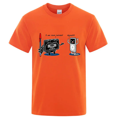 Bright orange cotton hip hop tee male tops summer with funny music player graphic of cassette and ipod characters