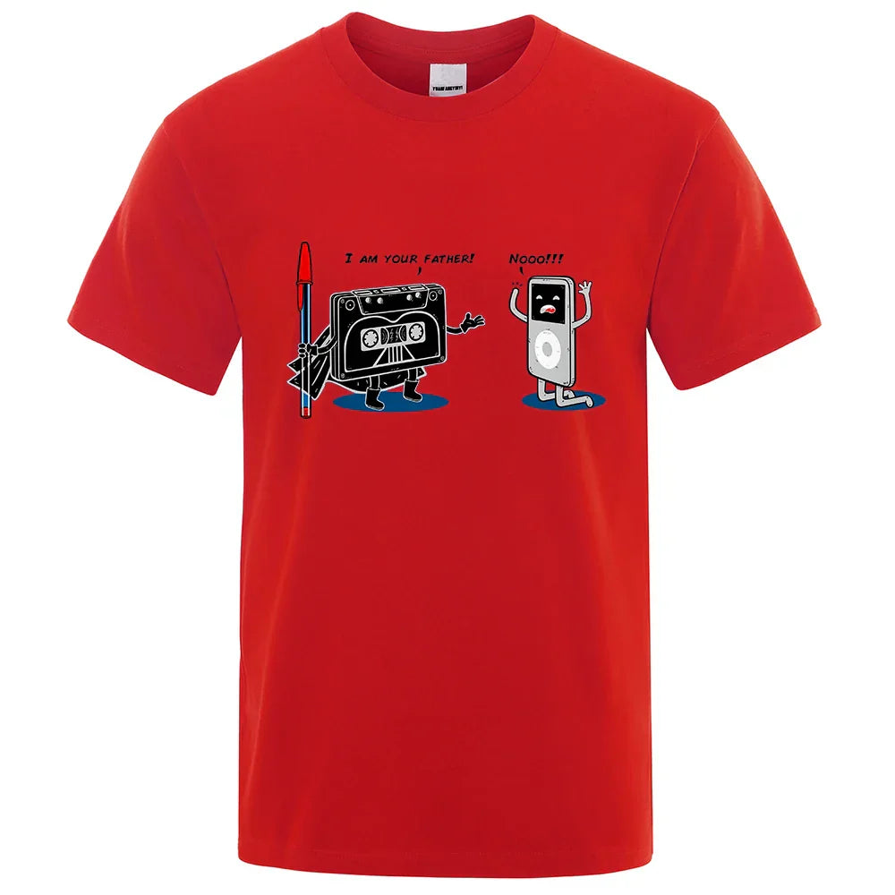 Red cotton crewneck t-shirt featuring a funny music player graphic, ideal hip hop tee and male tops summer wear