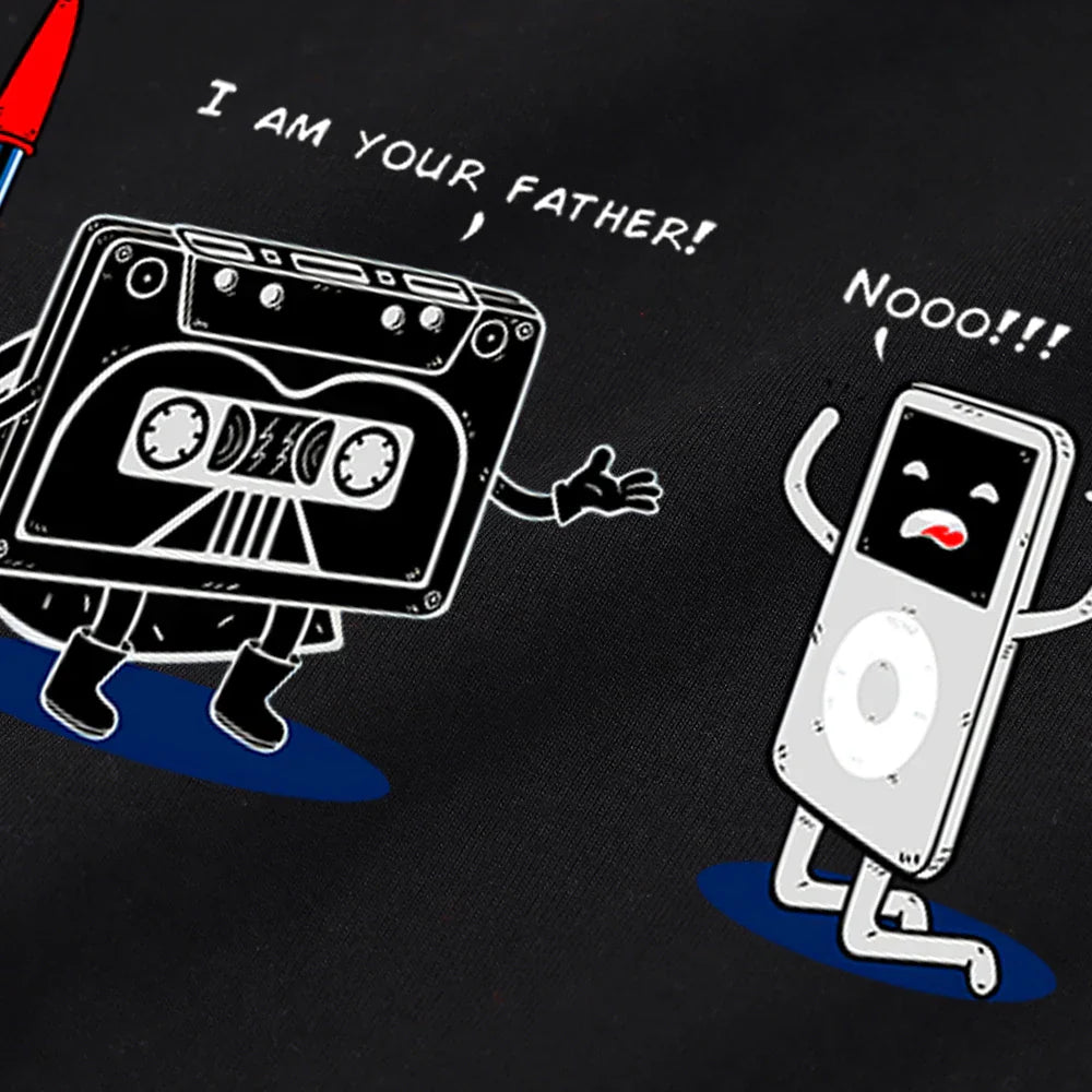 Black cotton crewneck t-shirt with funny music player cartoon print hip hop tee male tops summer loose fit