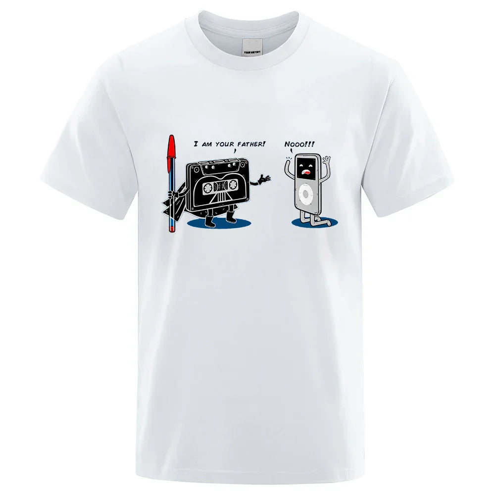 White cotton crewneck t-shirt male tops summer with funny music player cartoon hip hop tee graphic design