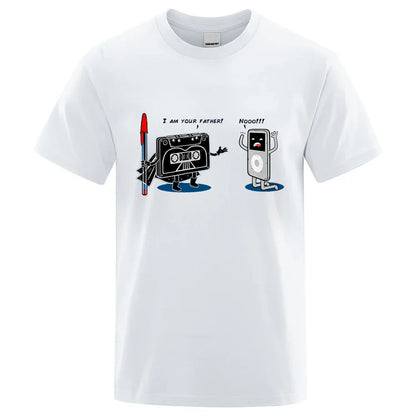 White cotton crewneck t-shirt with a funny music player cartoon graphic hip hop tee for male tops summer wear