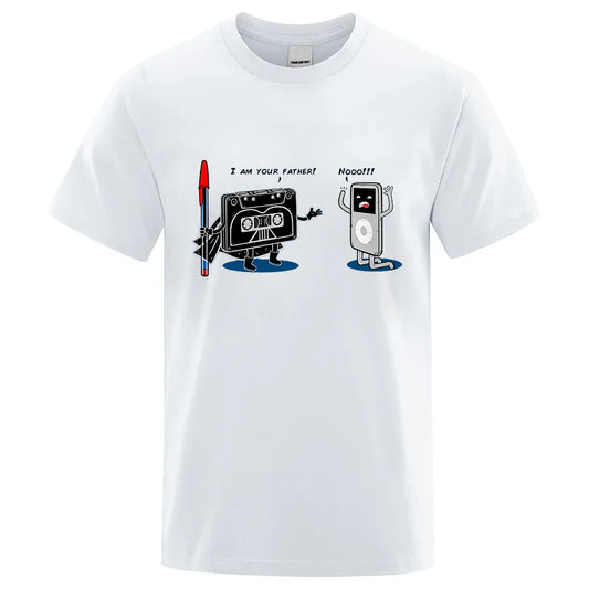 White cotton crewneck t-shirt with a funny music player cartoon graphic hip hop tee for male tops summer wear
