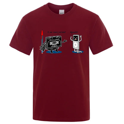 Maroon cotton funny music player hip hop tee male tops summer loose t-shirt with cartoon cassette tape graphic