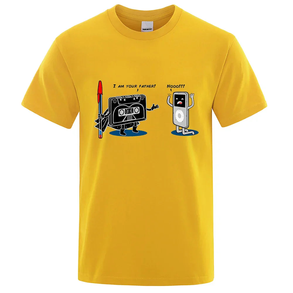 Bright yellow cotton funny music player hip hop tee featuring cassette tape and ipod cartoon graphic male tops summer shirt