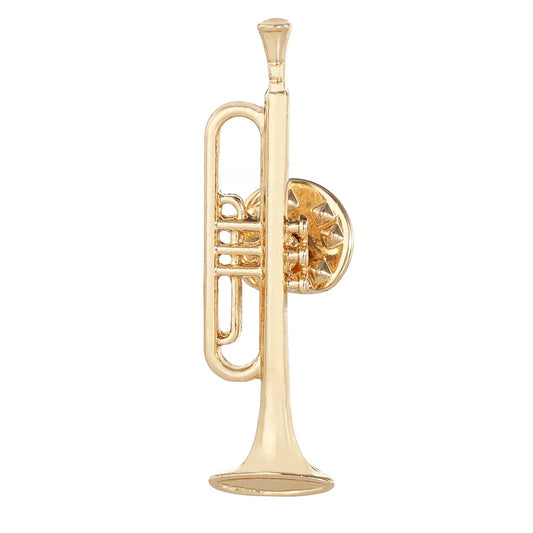 Gold-colored miniature trumpet shaped golden pin with polished metallic finish and detailed valve mechanism for funny musical instruments enamel brooches