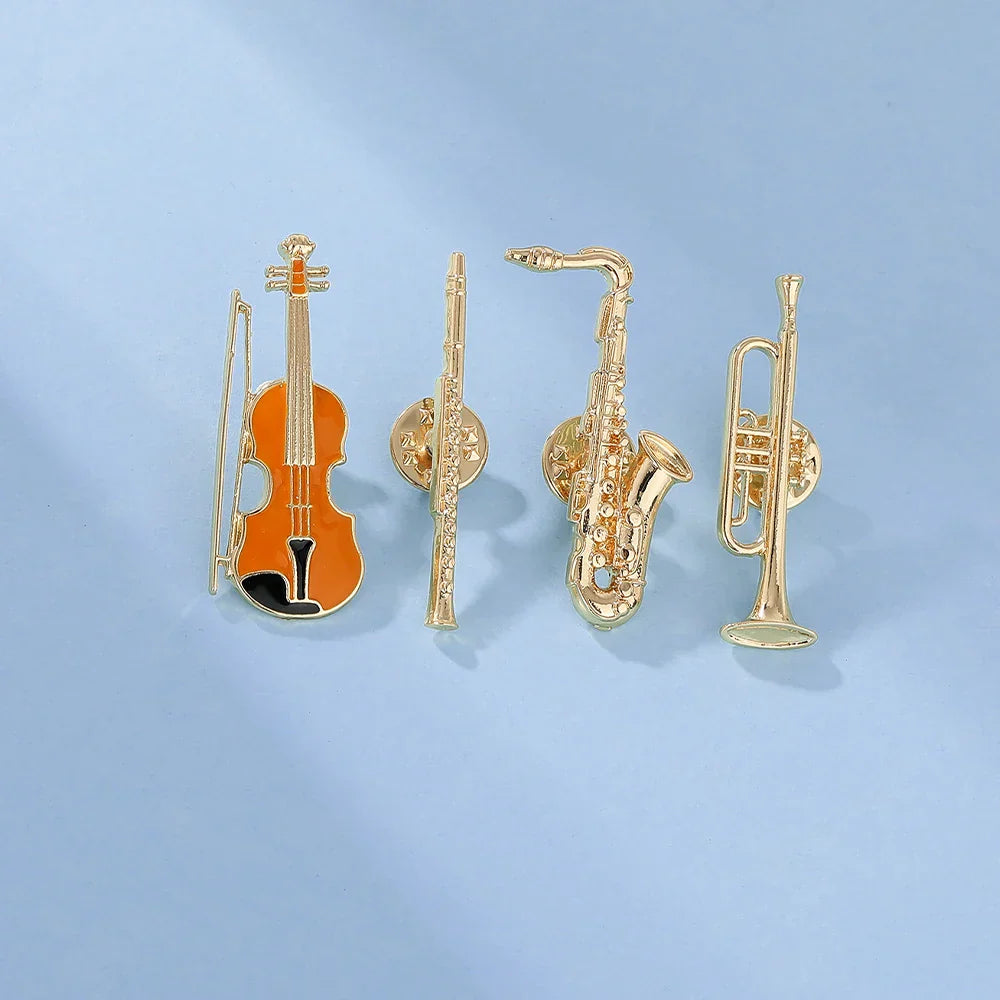 Golden saxophone pin with detailed keywork and polished metallic finish as funny musical instruments enamel brooches shaped golden pins