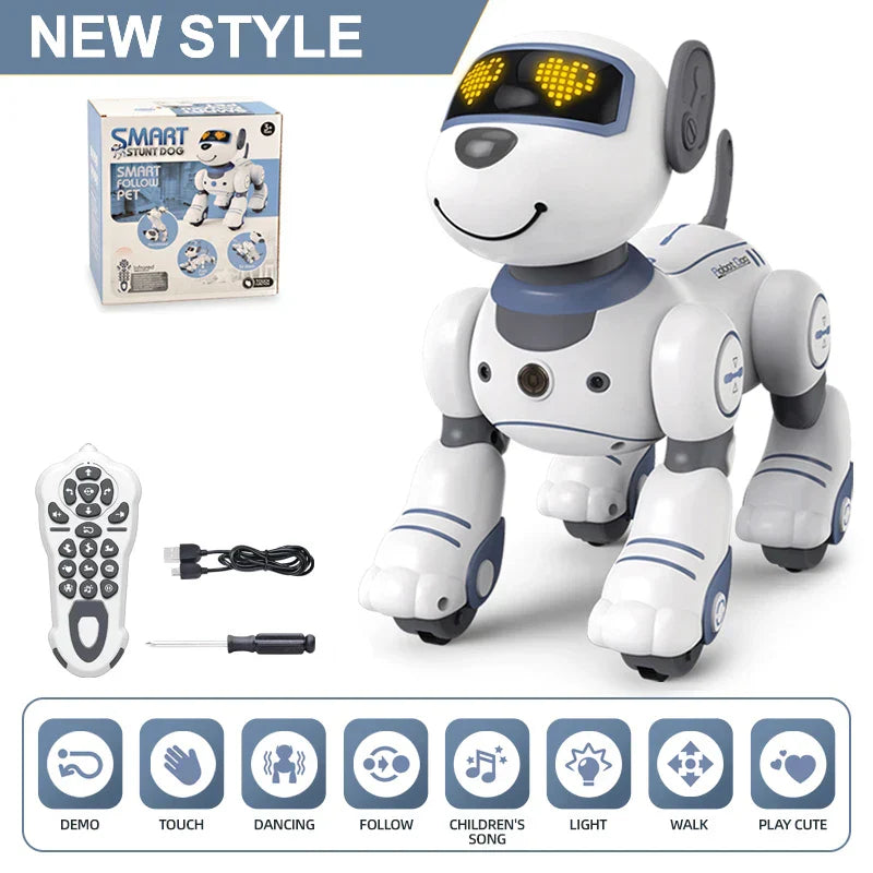White and gray funny rc robot electronic dog with glowing yellow heart eyes and sleek plastic body for interactive play