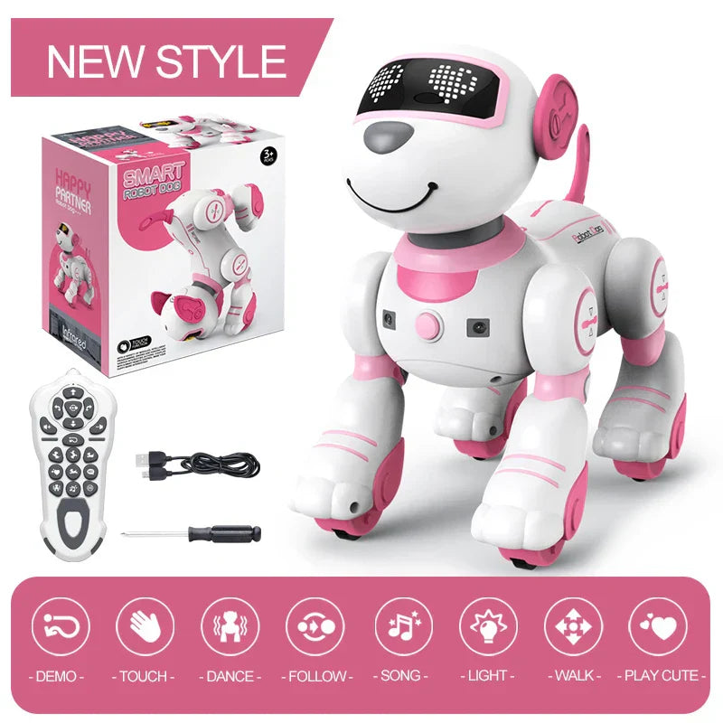 A white and pink funny rc robot electronic dog with black led eyes smiling face and voice command programmable features