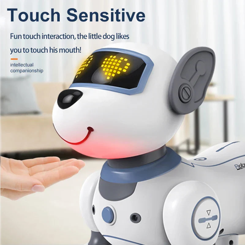 White and blue funny rc robot electronic dog with glowing yellow led eyes and voice command programmable touch-sense design