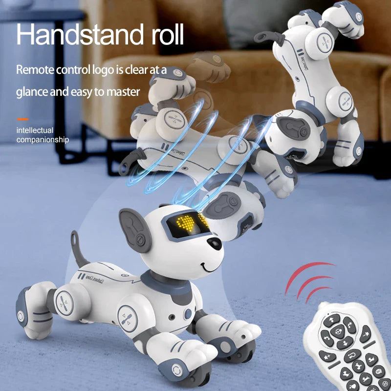Funny rc robot electronic dog in white and gray with articulated joints and voice command programmable features for kids