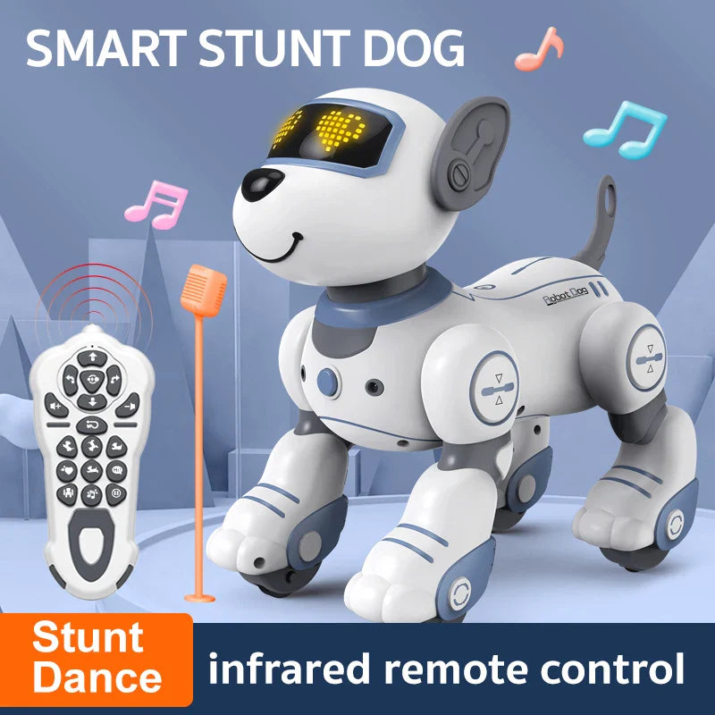 White and gray robot electronic dog with led eyes for stunt dance functions voice command programmable toy