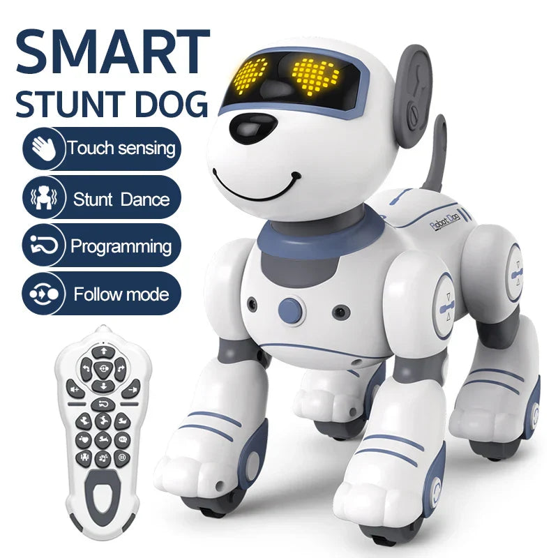 White and gray funny rc robot electronic dog with led eyes and sleek plastic body for voice command programmable play