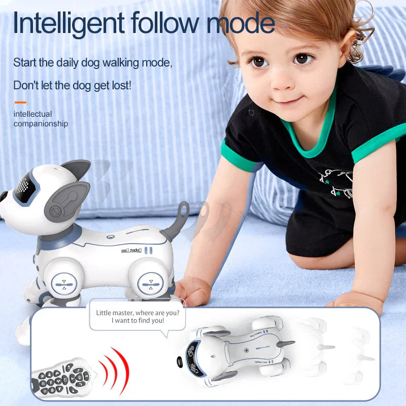 White and gray robot electronic dog with black digital eye panels designed for interactive voice command programmable play
