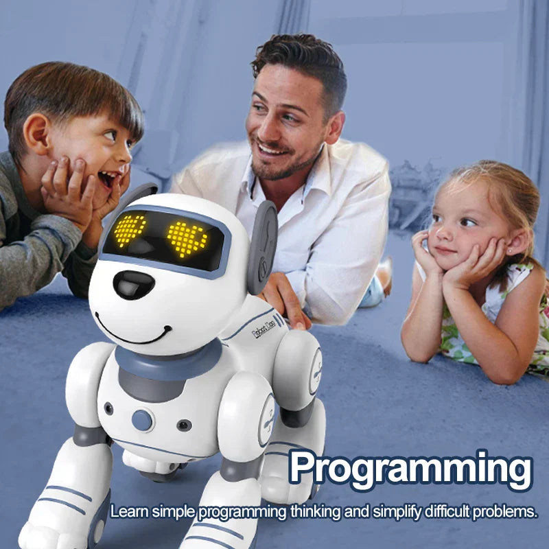 White and gray robot electronic dog with glowing yellow heart-shaped eyes voice command programmable for kids toys