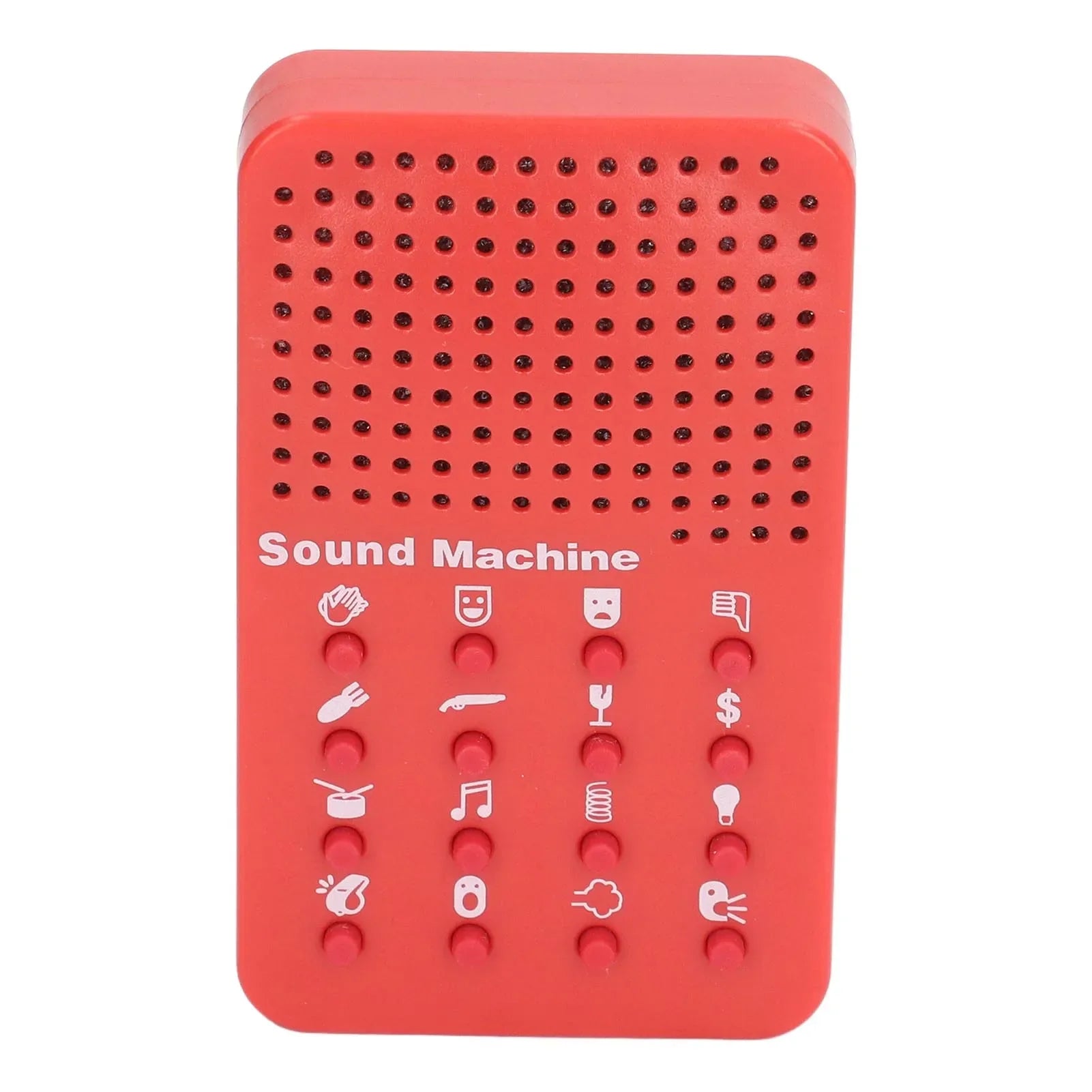 Red plastic funny sound maker with 16 circular buttons featuring white icons portable electronic novelty sound effects machine