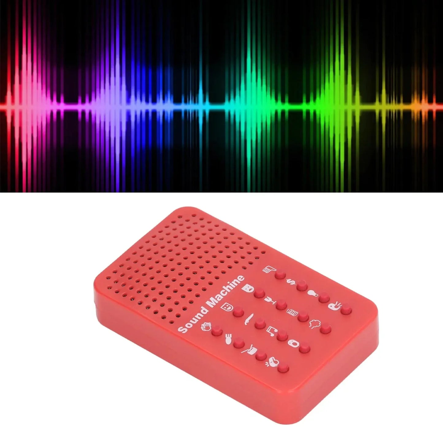 Red plastic sound effects machine with grid holes and white icons for audio settings portable electronic novelty funny sound maker