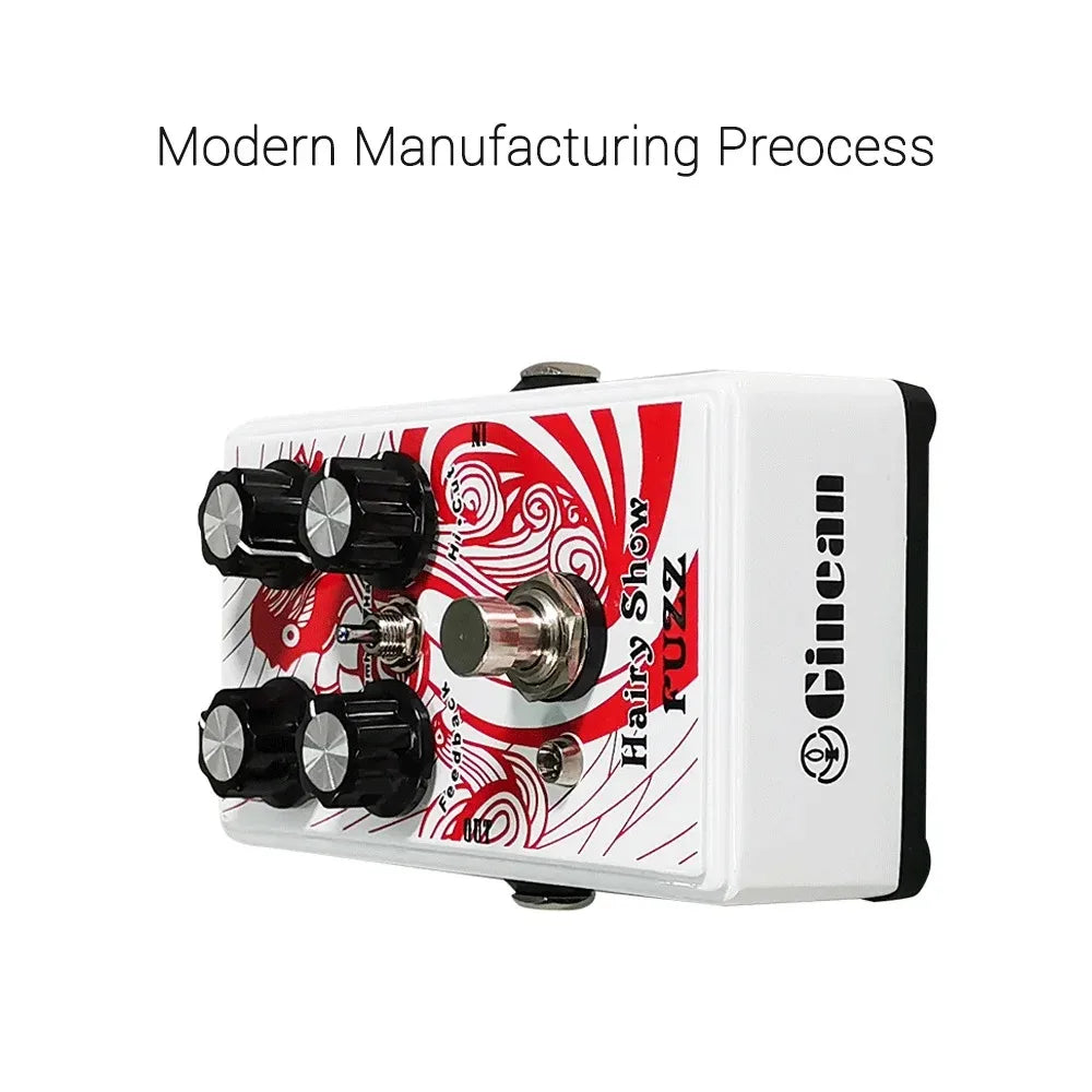 White cincan hairy show fuzz guitar effect pedal with black knobs and red swirling design for electric guitar bass string instrument