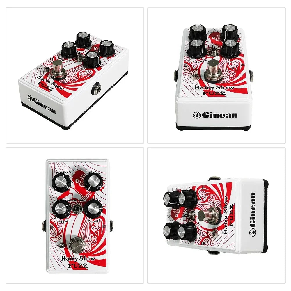 White gincan hairy show fuzz guitar effect pedal with black knobs and red swirling graphic for bass string instrument