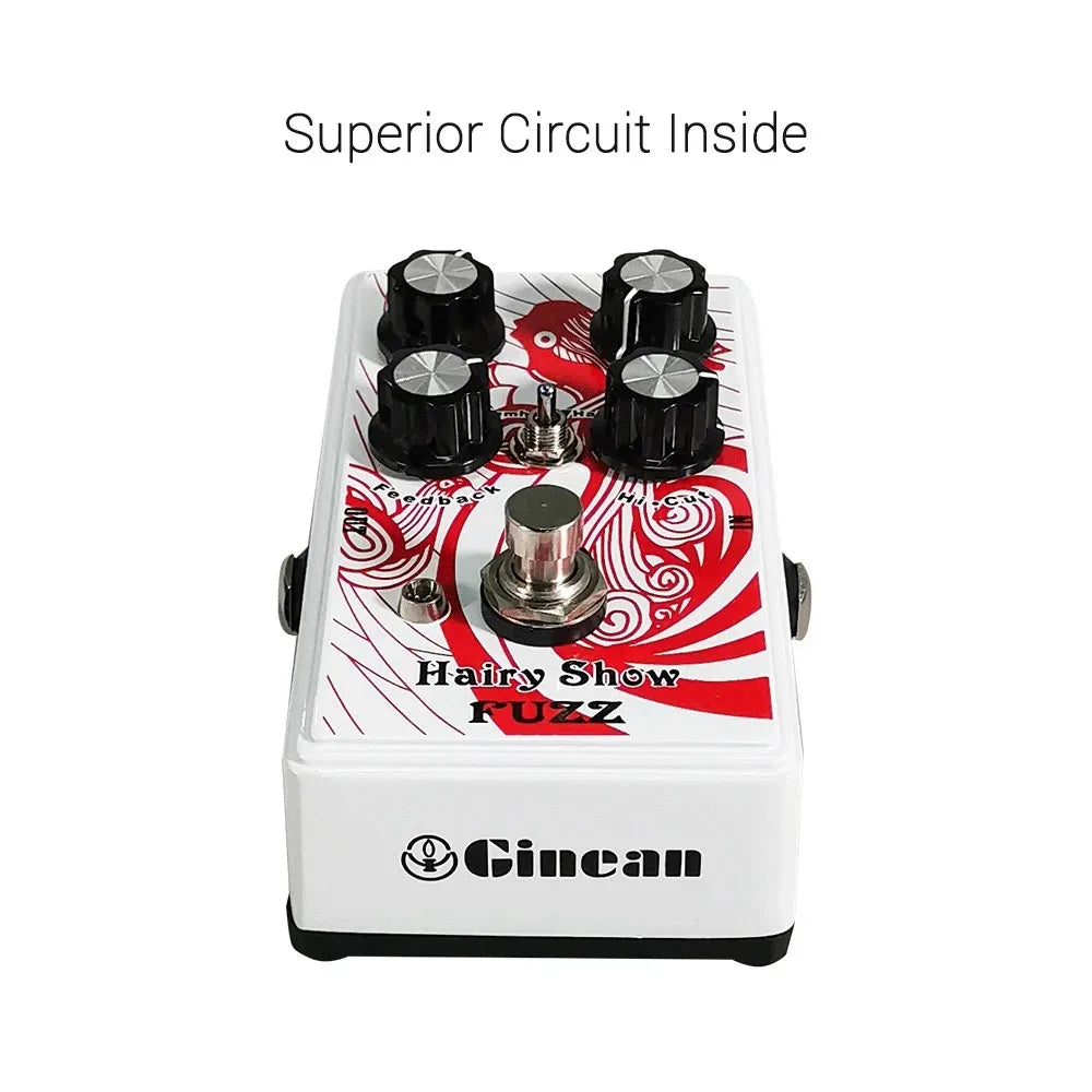 White gincan hairy show fuzz guitar effect pedal with red black bird design four knobs and metal footswitch for bass string instrument