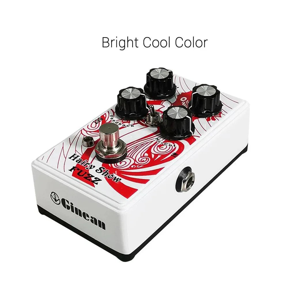 White rectangular gincan fuzz guitar effect pedal with red black swirl design four knobs and footswitch for bass string instrument