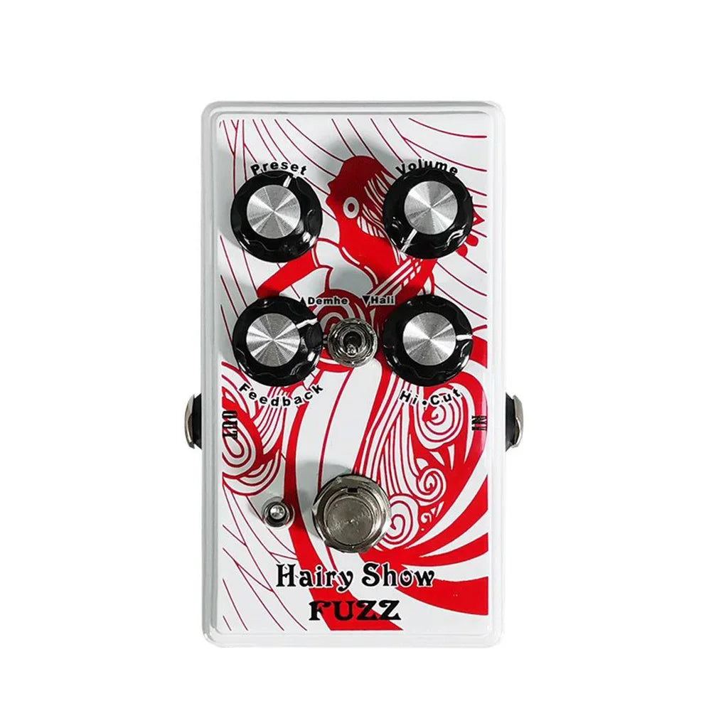 White rectangular fuzz guitar effect pedal with red fish design and four black knobs for electric guitar and bass string instrument