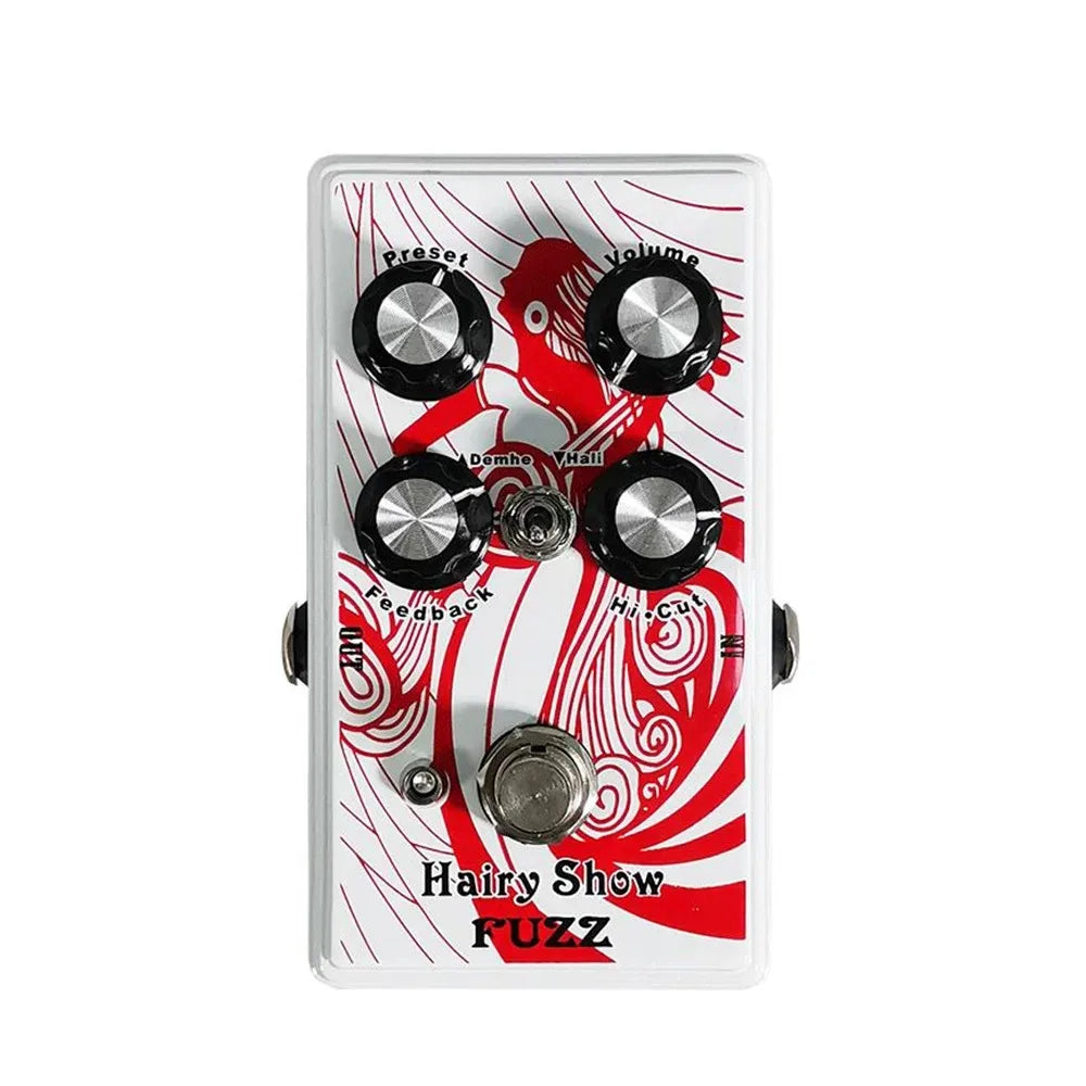 White and red fuzz guitar effect pedal with black knobs and silver accents for electric guitar and bass string instrument