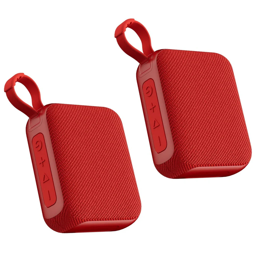 Red rectangular portable bluetooth speaker with textured fabric and loop for home theater and bare metal soundbar use
