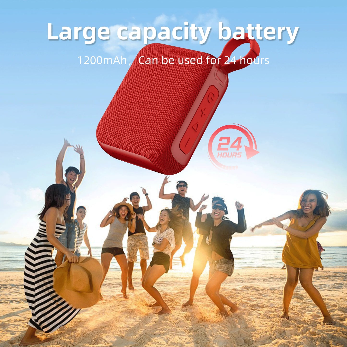 Red textured g04 bluetooth speaker with carrying loop and control buttons for home theater and bare metal audio use