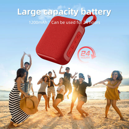 Red textured g04 bluetooth speaker with carrying loop and control buttons for home theater and bare metal audio use