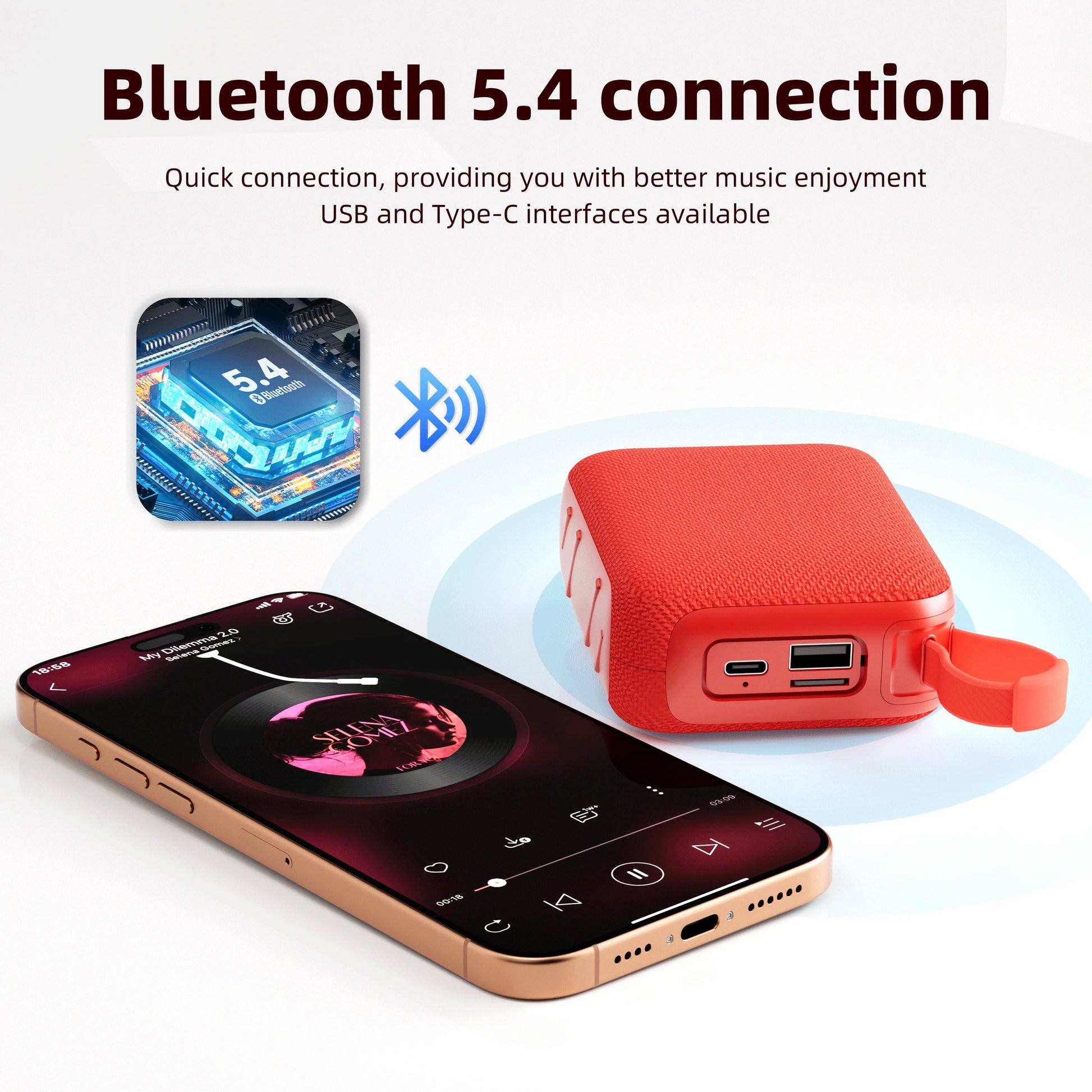 Red textured fabric bluetooth speaker with usb and type-c ports for home theater and hi-fi audio playback