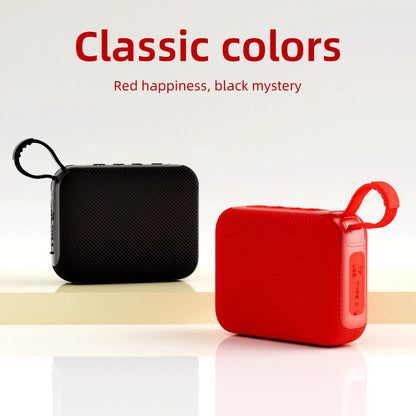 Red and black g04 subwoofer bluetooth speaker with textured fabric cover and carrying loop for home theater use