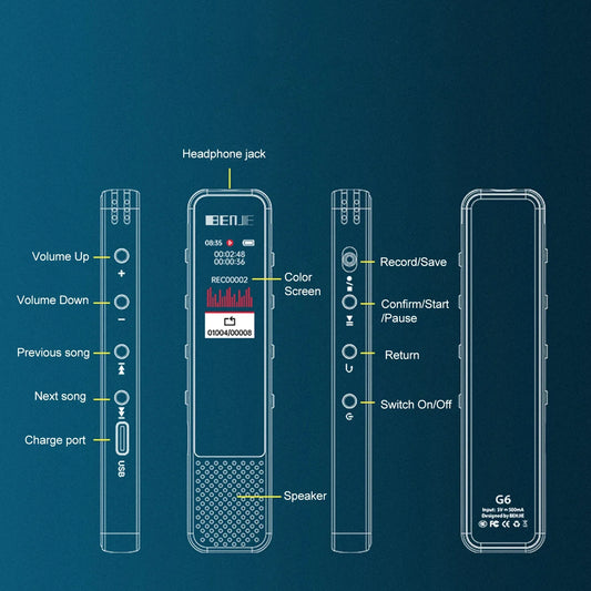 Black benjie g6 professional voice recorder with color screen, multiple buttons, usb charge port, and microphone surround recording