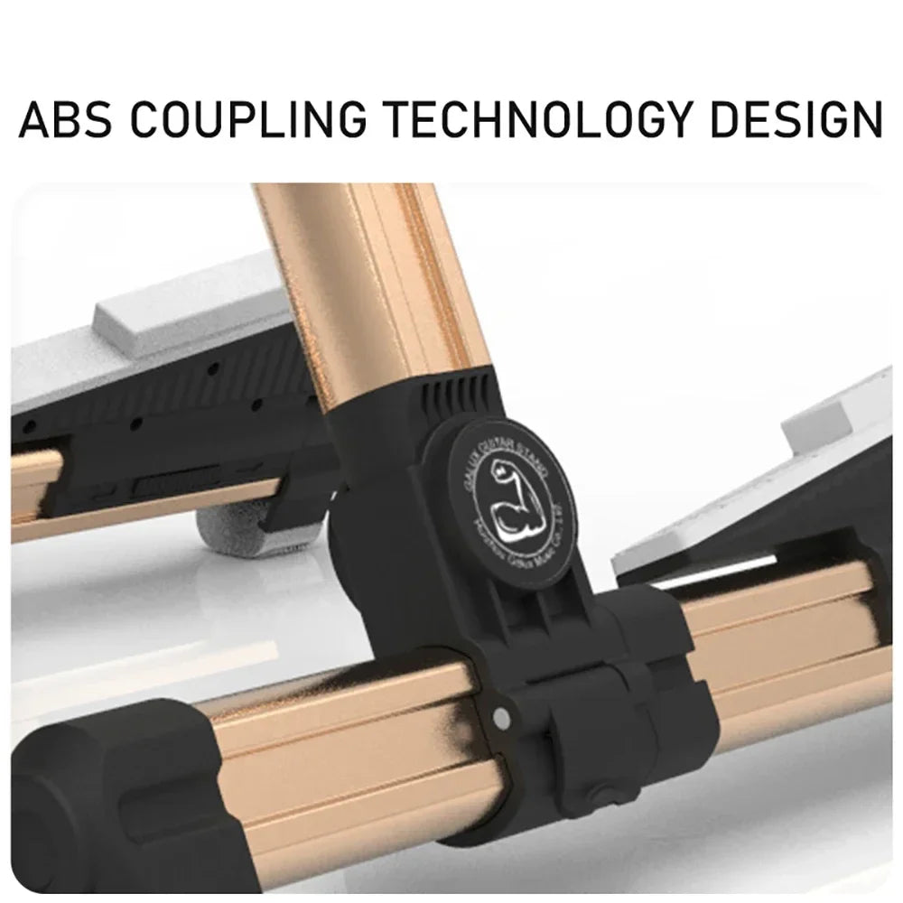 Black and gold abs coupling with circular logo on the joint of galux gs-200 foldable guitar stand for guitar violin ukulele