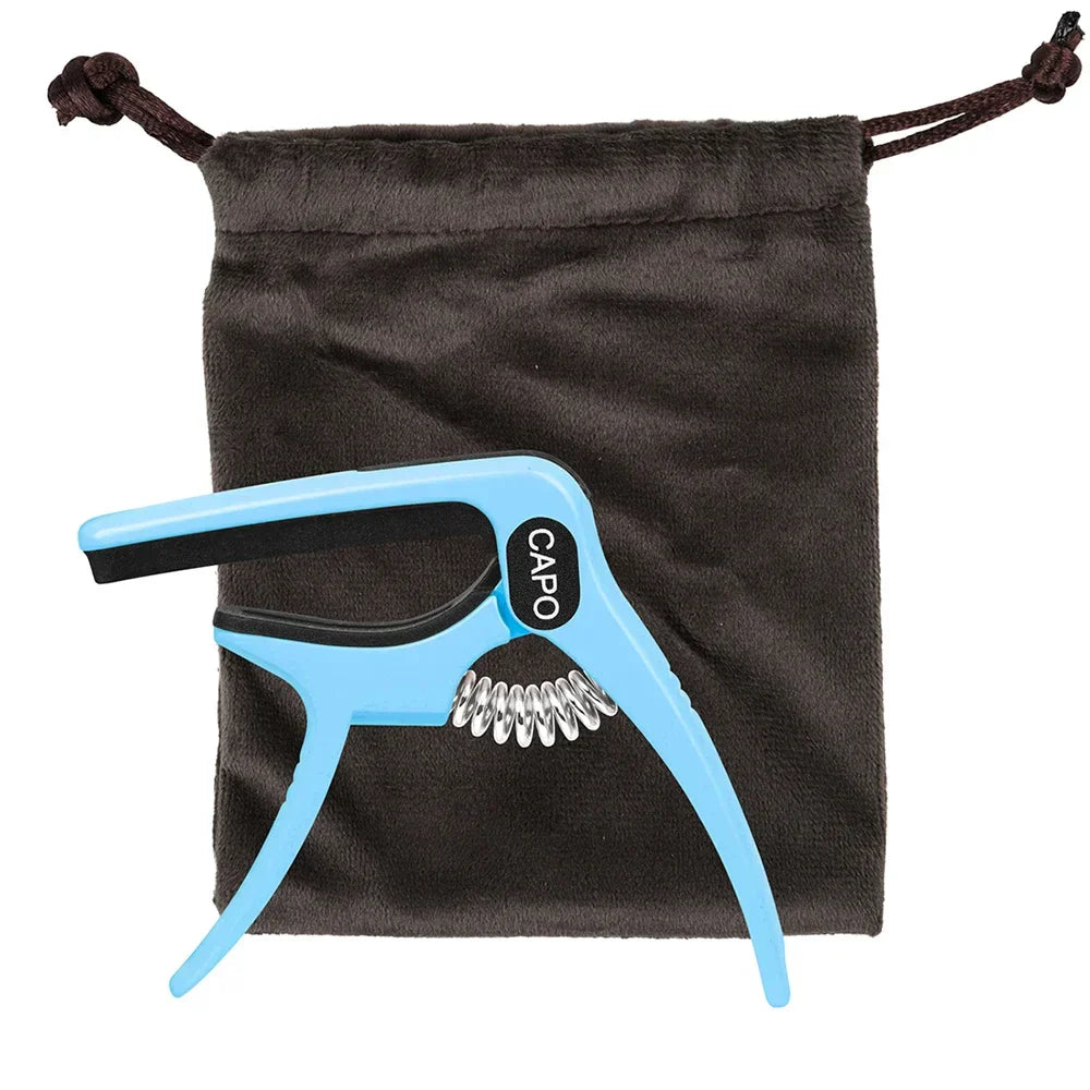 Light blue galux universal guitar capo quick metal clamp with black rubber grip and silver spring for acoustic electric guitars
