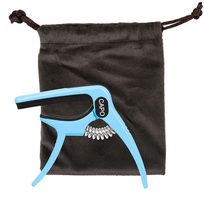 Light blue galux universal guitar capo quick metal clamp with black rubber grip and silver spring for acoustic electric guitars