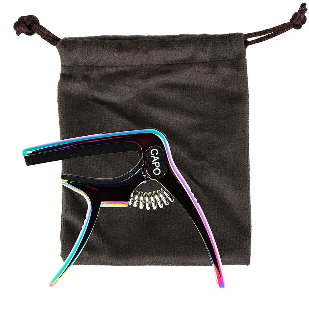 Galux universal guitar capo quick metal change clamp key with iridescent finish and sleek modern design on black body