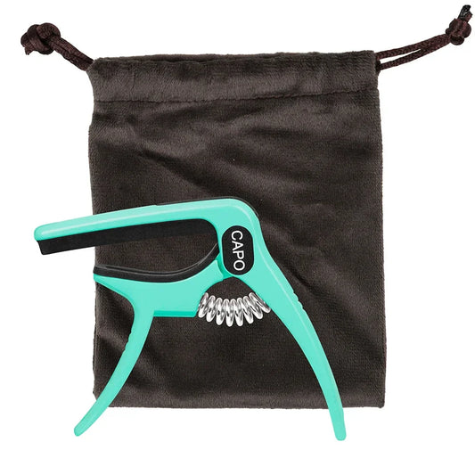 Teal and black galux universal guitar capo quick metal change clamp key with spring mechanism and dark gray pouch