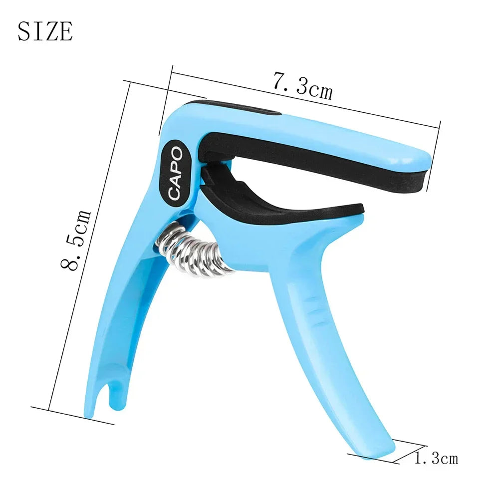 Light blue galux universal guitar capo quick metal change clamp key with black rubber grips and silver metal spring for guitars
