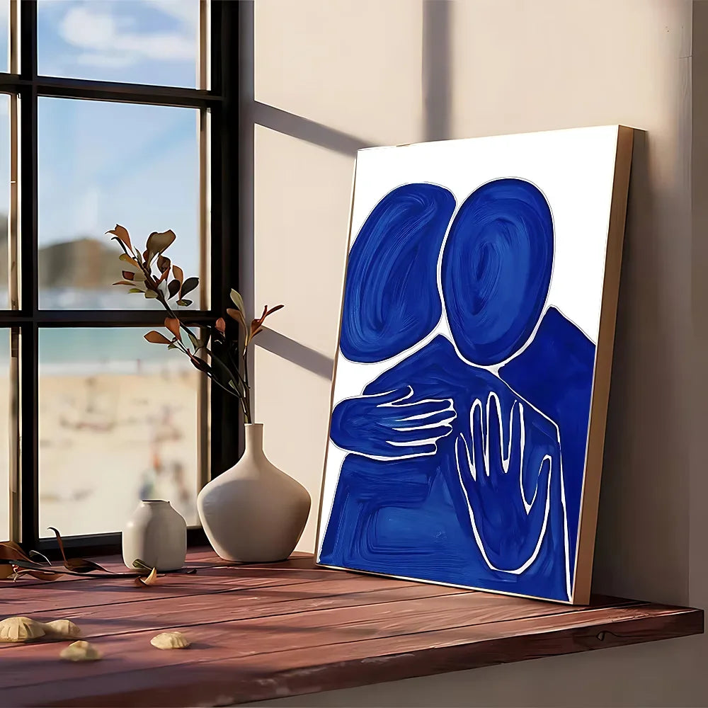 Modern graphic blue abstract canvas painting with bold white outlines of embracing figures for vintage wall art