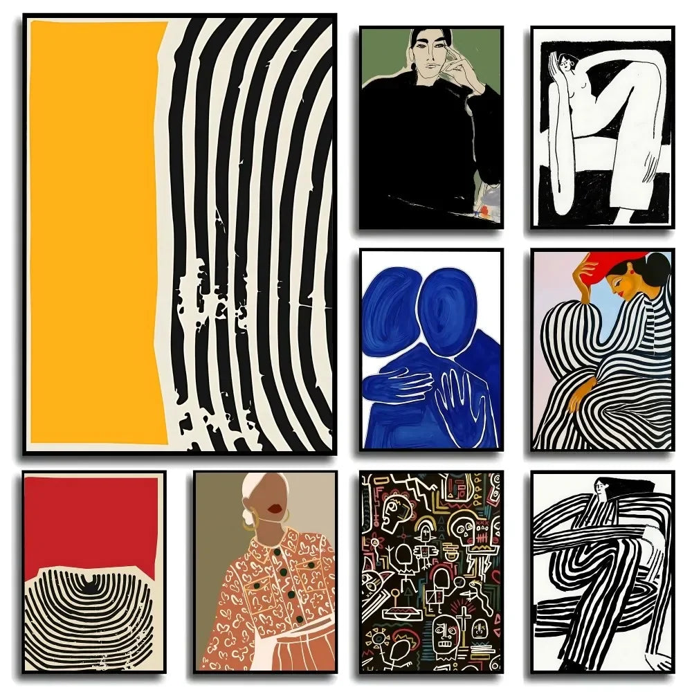 Set of nine modern graphic abstract art prints in black white with yellow red and blue on kraft club bar paper wall art